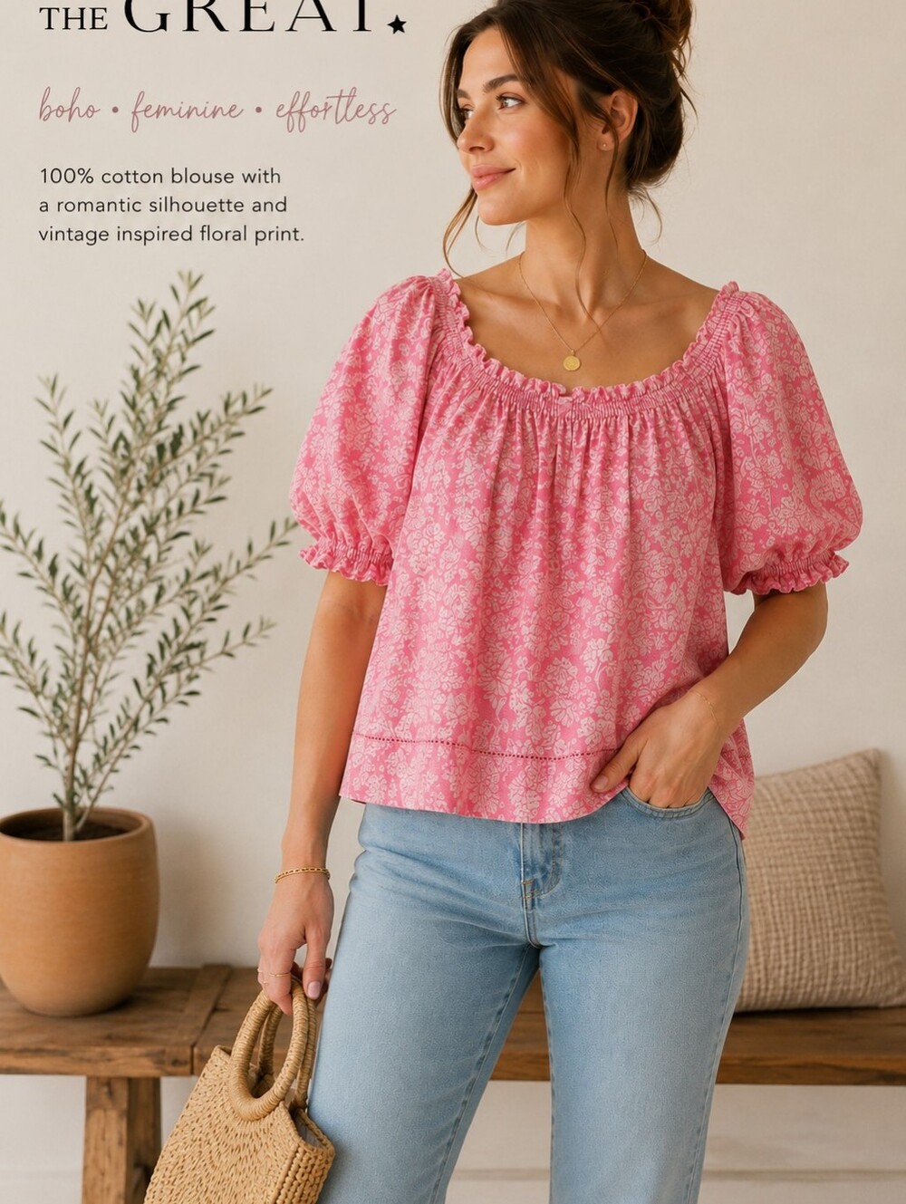 The GREAT.Pink Floral Cotton Peasant Blouse Puff Sleeve Boho Top Size 0 Oversize